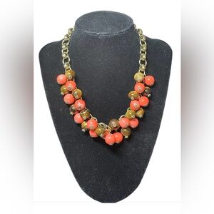 Vintage Statement Necklace Glass Tiger Eye Coral Golden Tone Chain